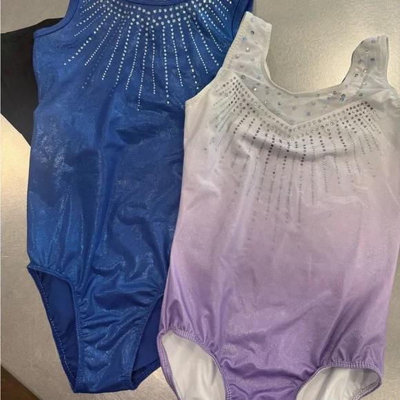 Blue and White Rhinestone Gymnastics Leotards with Black Shorts - Picture 2 of 2